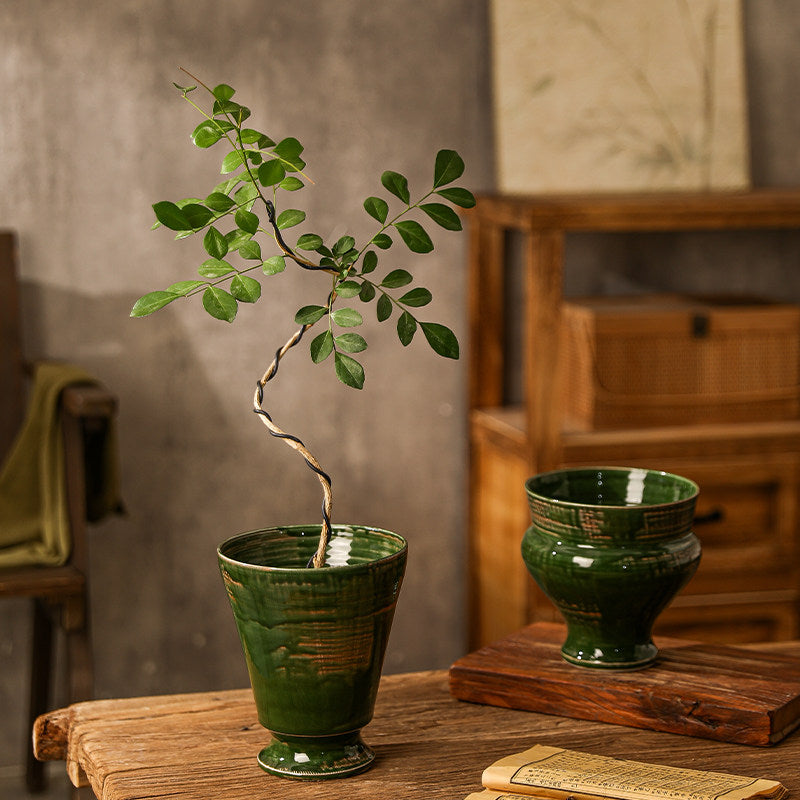 Vintage Green Glazed Ceramic Orchid Planter