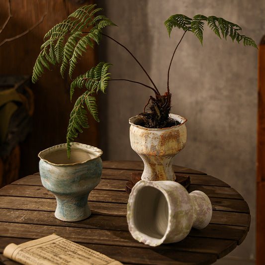 Small Rustic Stoneware Pedestal Planter