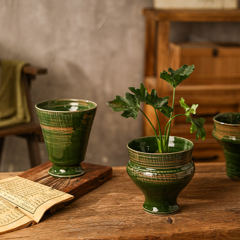 Vintage Green Glazed Ceramic Orchid Planter