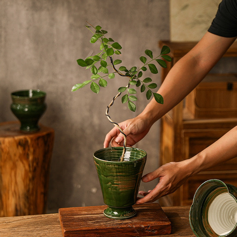 Vintage Green Glazed Ceramic Orchid Planter