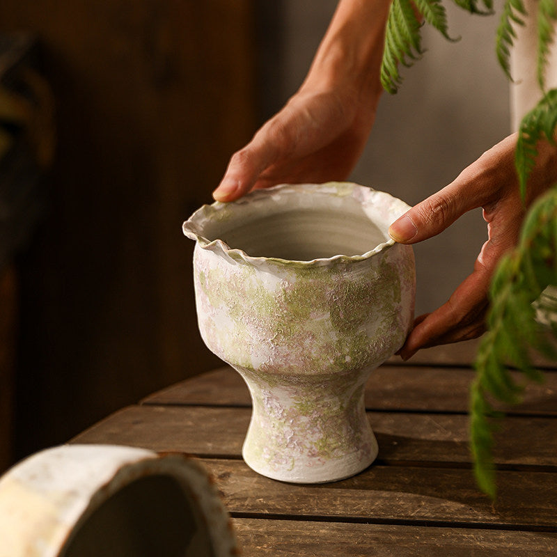 Small Rustic Stoneware Pedestal Planter